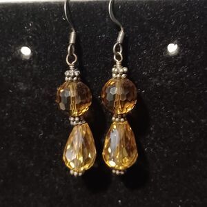 Vintage Silver-Toned Dangle Earrings w/ Faceted Yellow Glass Beads